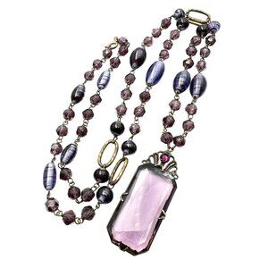 Antique Czech Art Deco Purple Glass Pendant Necklace Antiqued Gold 32 Inch